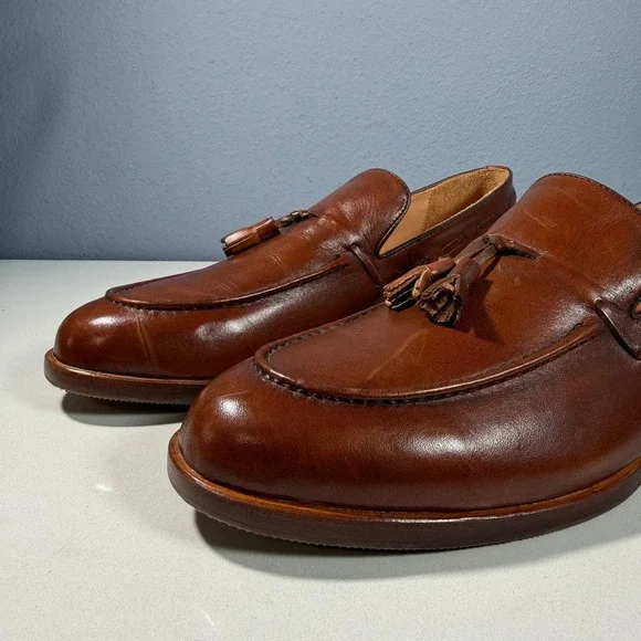 Elanroman Mens Brown Leather Tassel Loafers Apron Toe Shoes Size 46(12.5-13)